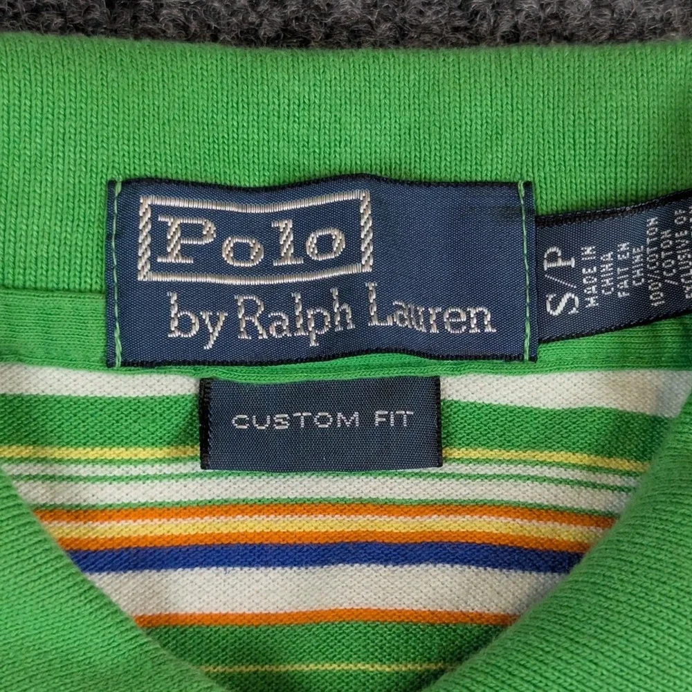 Polo Ralph Lauren Mens Small Custom Fit Green Striped Cotton Pique Polo Shirt
